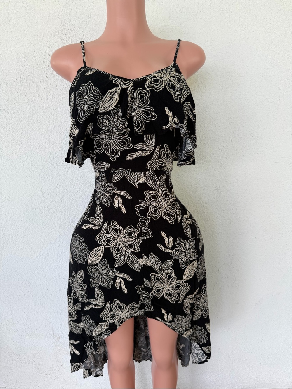 Rewind Black Floral High-Low Off-Shoulder Dress